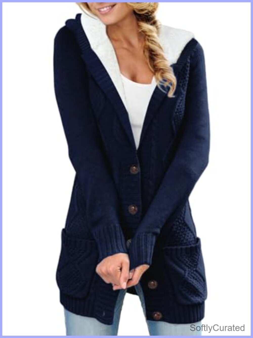 Cable Knit Fleece Lined Hooded Cardigan Sweater with Pockets